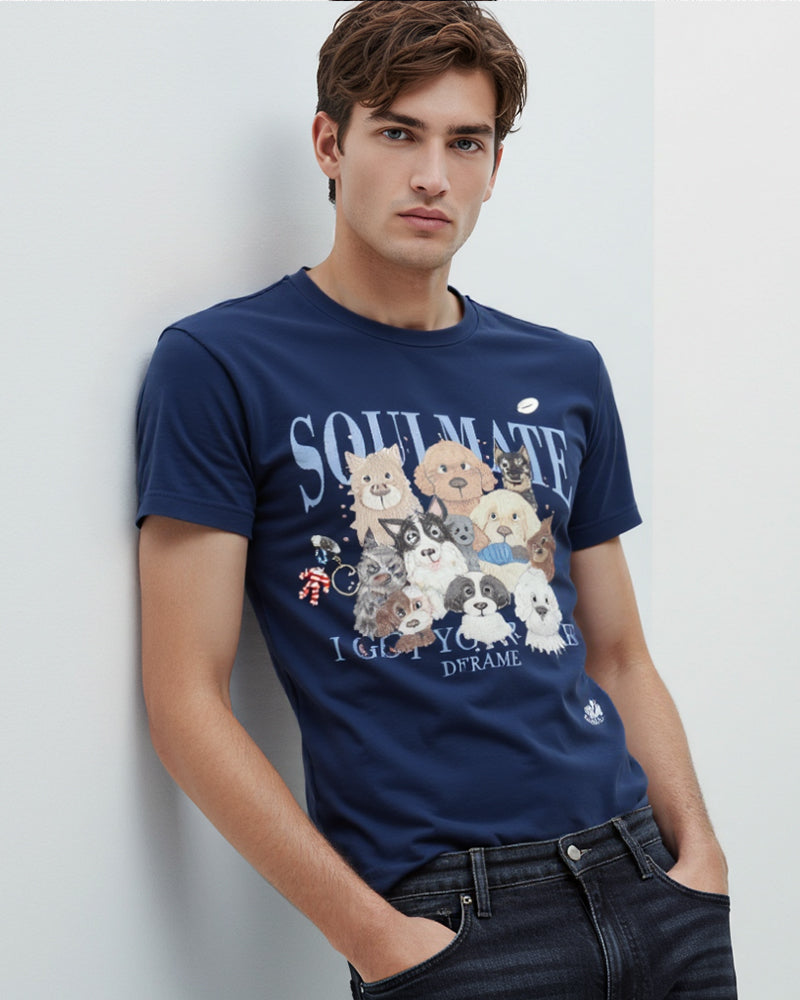 [DFRAME] Lovely Dog Printed Short Sleeve T-shirt "SOULMATE" Casual Men's Short Sleeve T-shirt