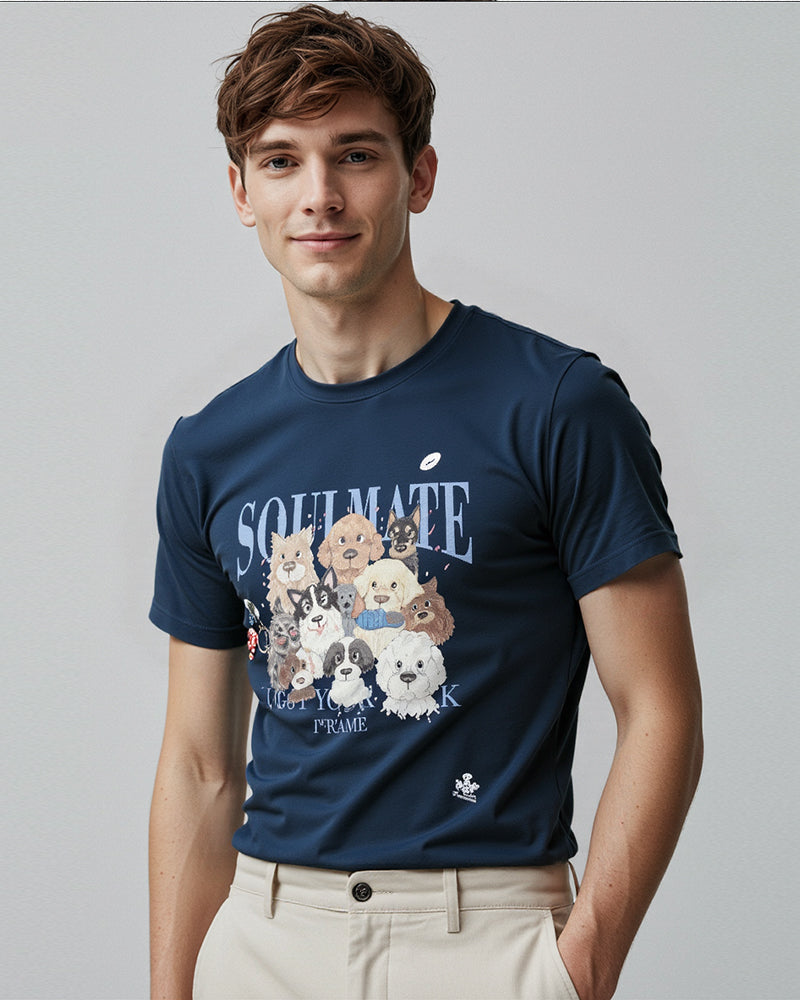 [DFRAME] Lovely Dog Printed Short Sleeve T-shirt "SOULMATE" Casual Men's Short Sleeve T-shirt